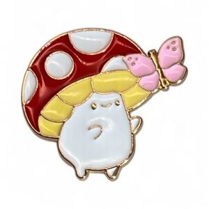 Mushroom Chasing Butterfly Enamel Pin – Whimsical Nature Vibes